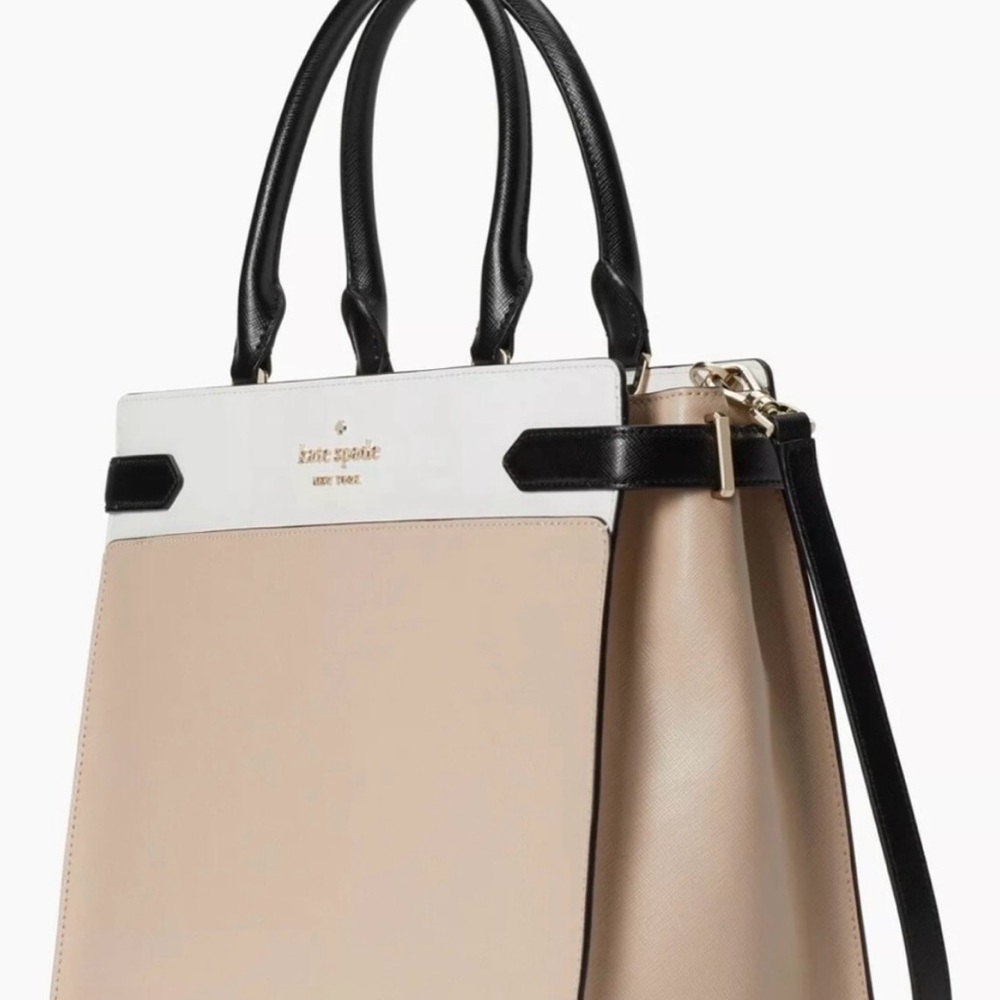 Kate Spade Medium Satchel Purse Staci Colorblock WKRU6952 Black Cream Tan White - Picture 2 of 12